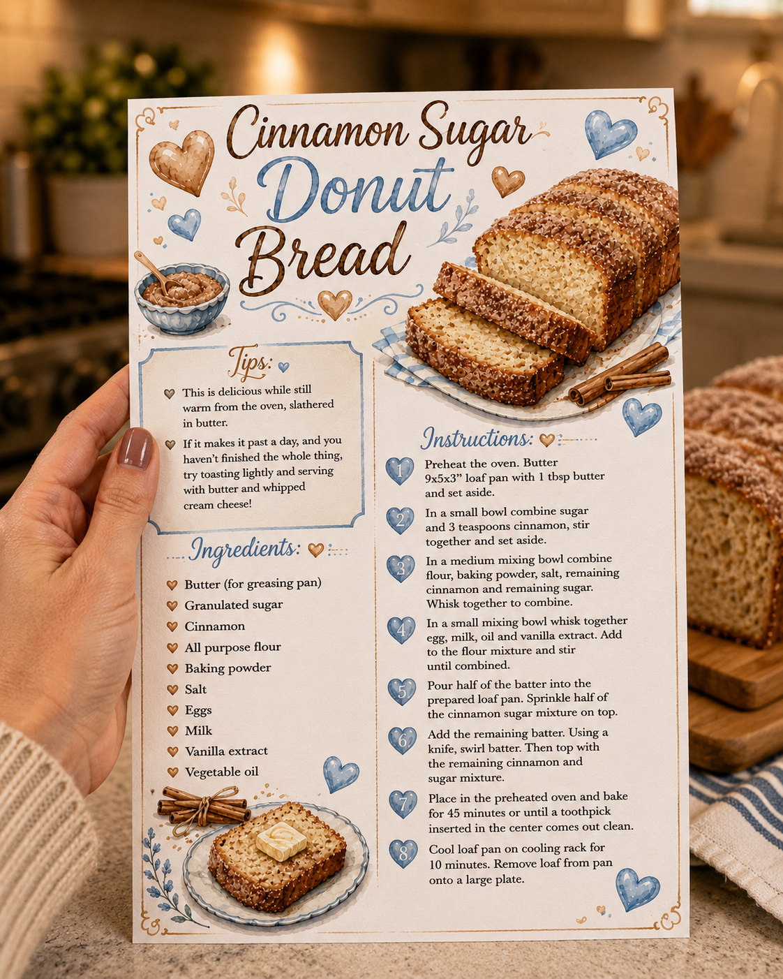 cinnamon sugar donut bread recipe card in my hand