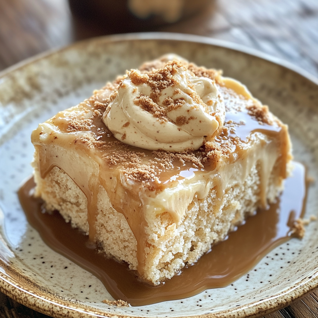 close up of cookie butter tres leches cake with whipped cream