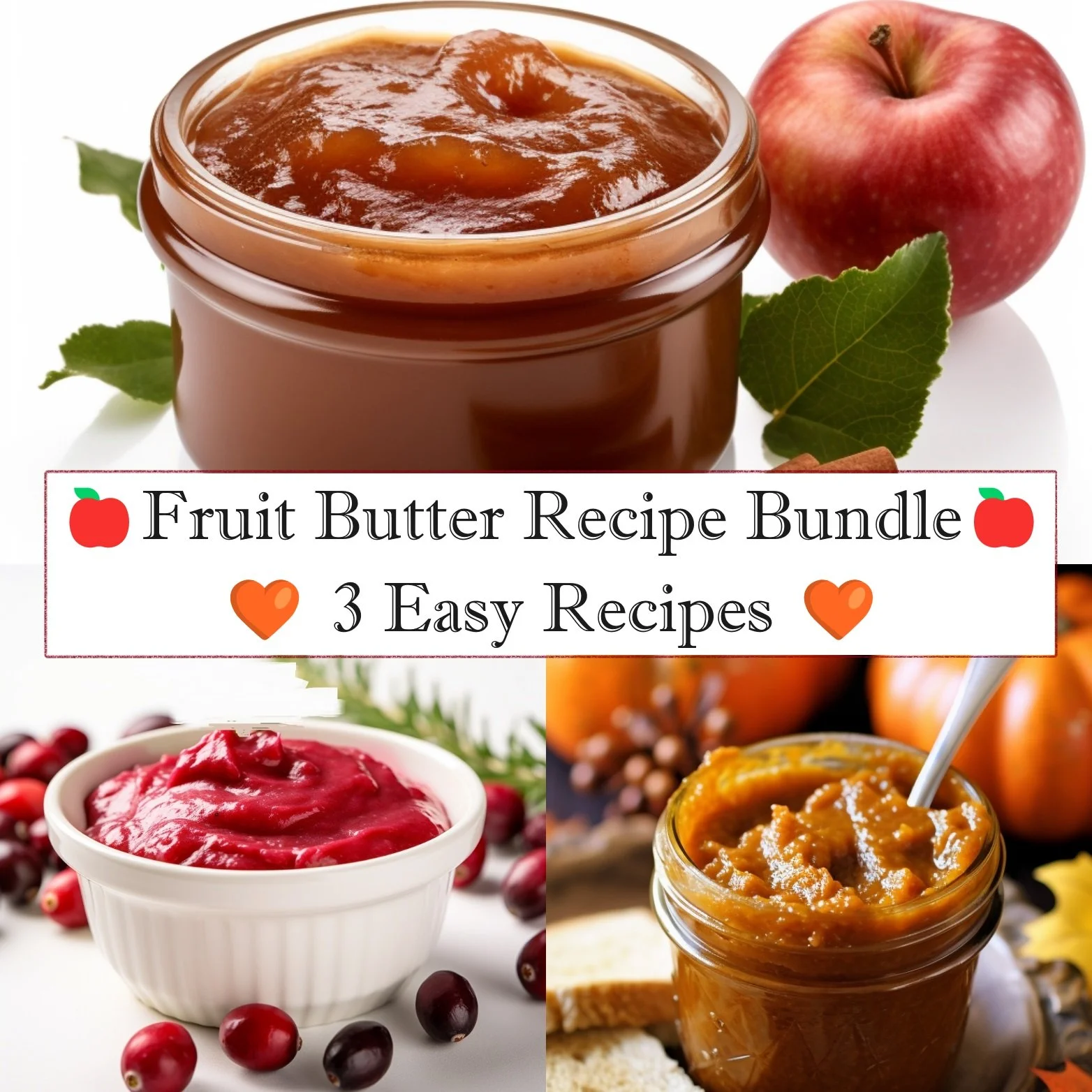 collage of 3 fruit butters, showing the apple, pumpkin and cranberry butters