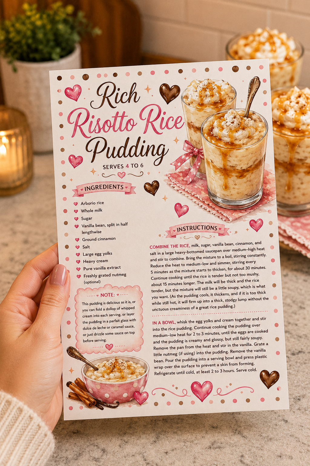 the printed rice pudding recipe card in my hand