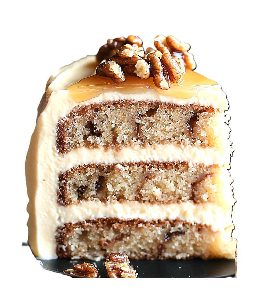 a slice of maple cake frosted and filled with creamy frosting, there are candied walnuts on top