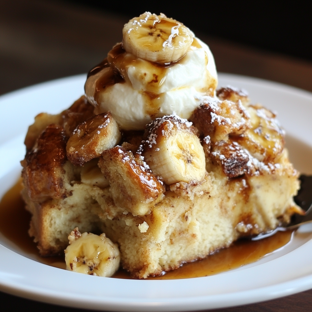 Close-up of caramelized banana slices glistening in rich brown sugar and butter sauce on top of soft bread pudding