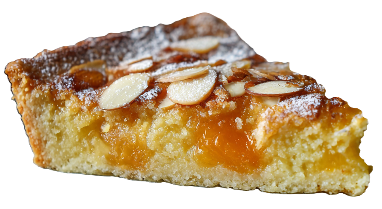 close up of a slice of apricot almond frangipane tart