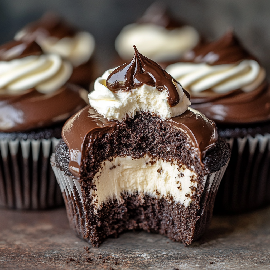 chocolate cupcakes with glossy ganache topping and white swirl