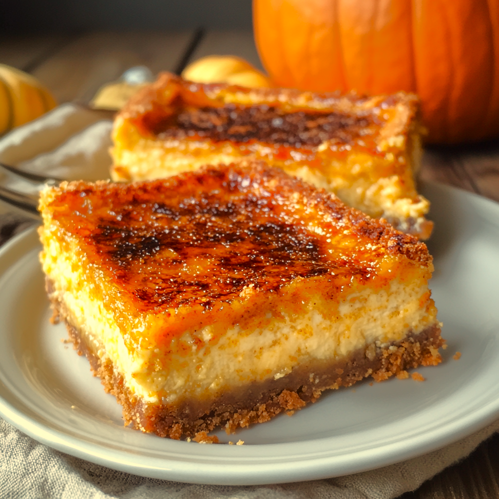 Pumpkin cheesecake bars plated for fall, surrounded by cozy seasonal elements.
