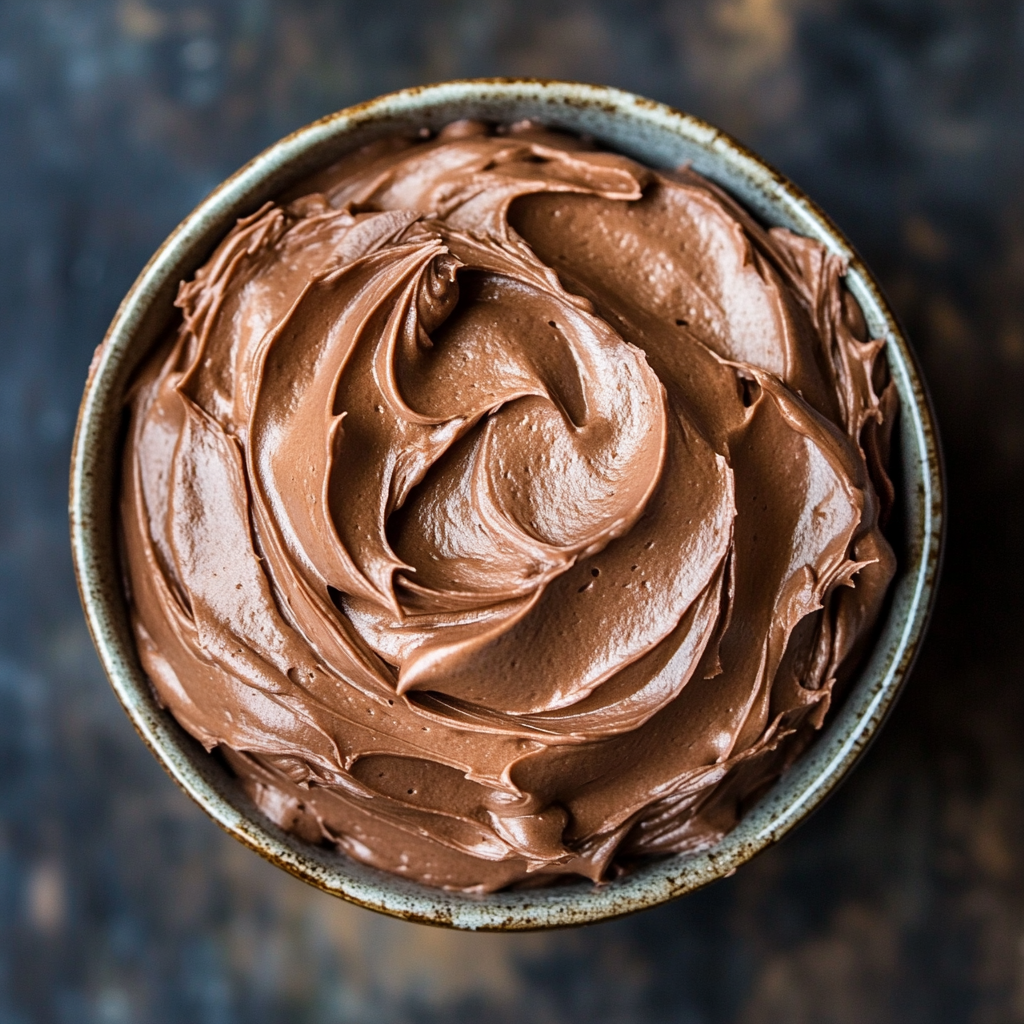a bowl of chocolate swiss meringue buttercream frosting ready to frost cakes and cupcakes