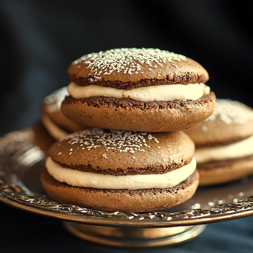 a platter of homemade coffee whoopie pie cookies with buttercream filling