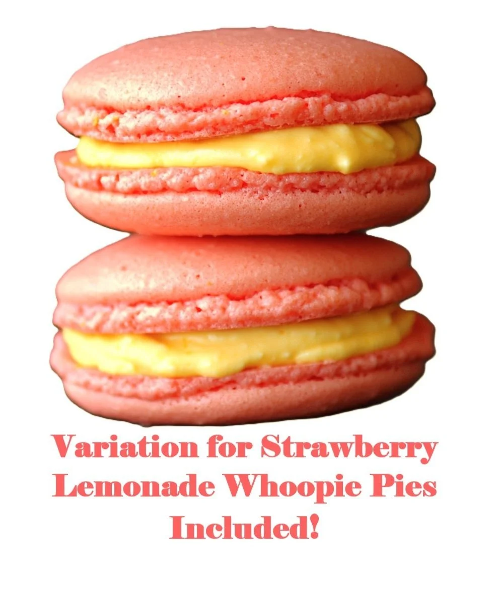 two pink strawberry lemonade whoopie pies with lemon buttercream filling