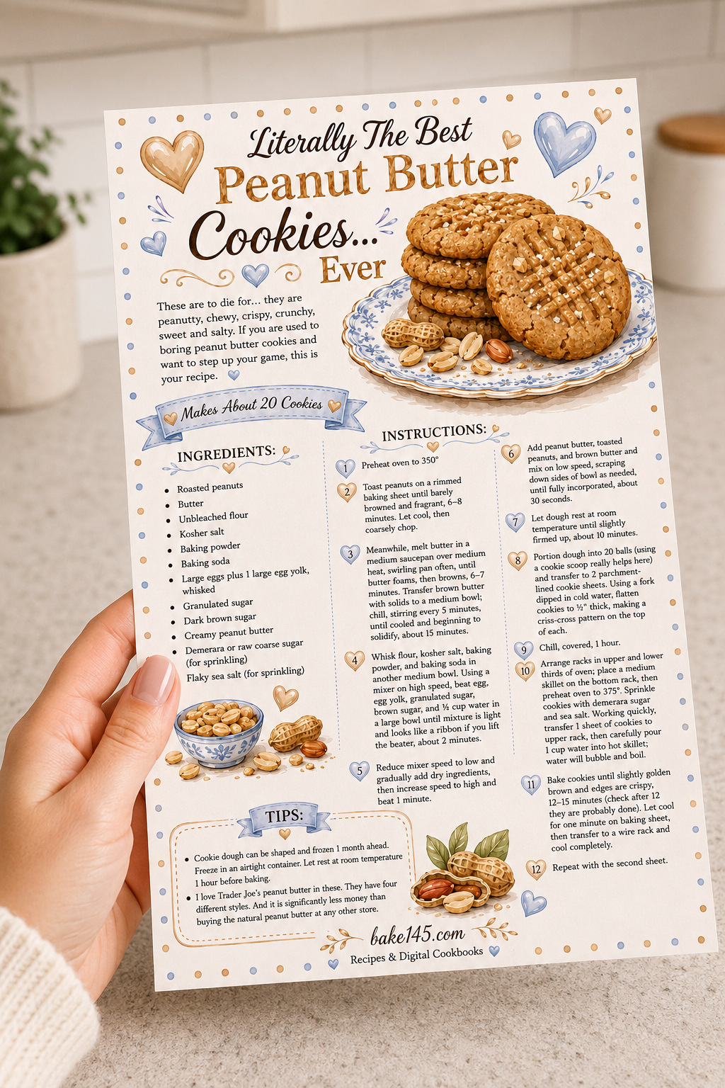 me holding the printed peanut butter cookie recipe card