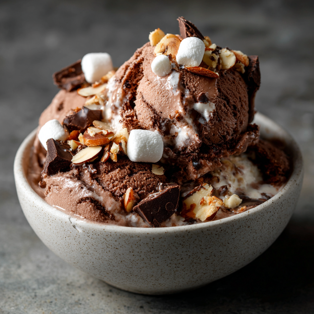 Rocky Road Custard Ice Cream Recipe | Chocolate Ice Cream with Toasted Almonds & Marshmallows | Printable PDF