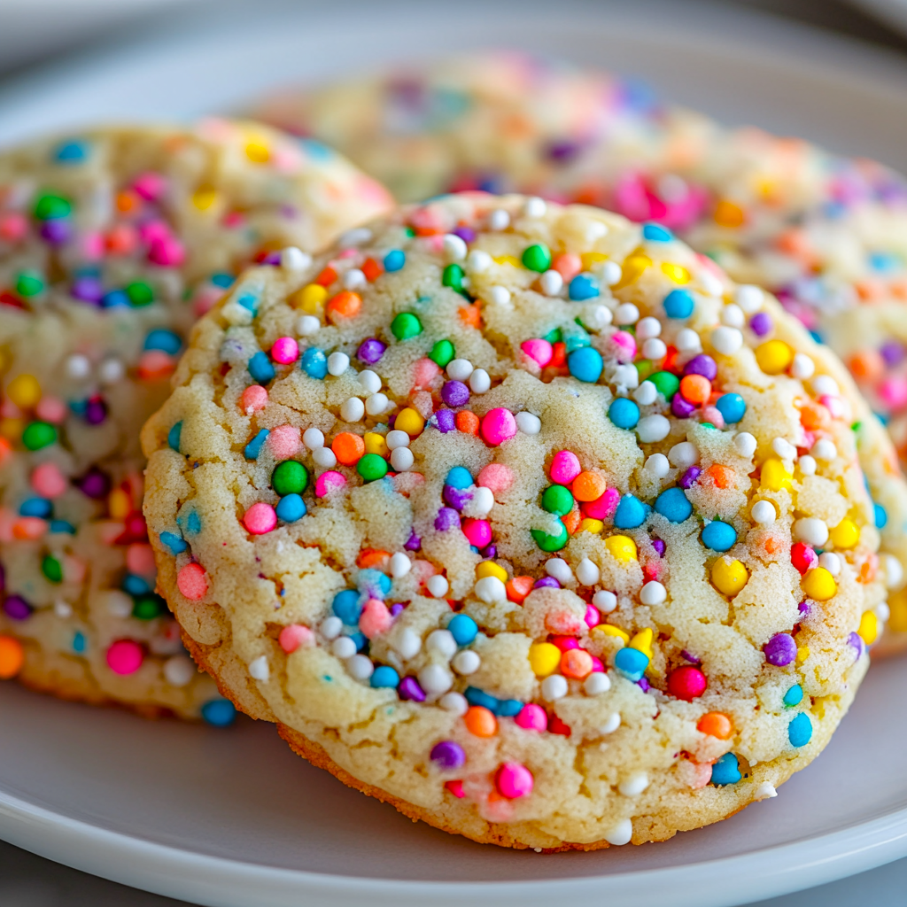 Close-up of a single cookie showing chewy center and funfetti interior — bright and festive.