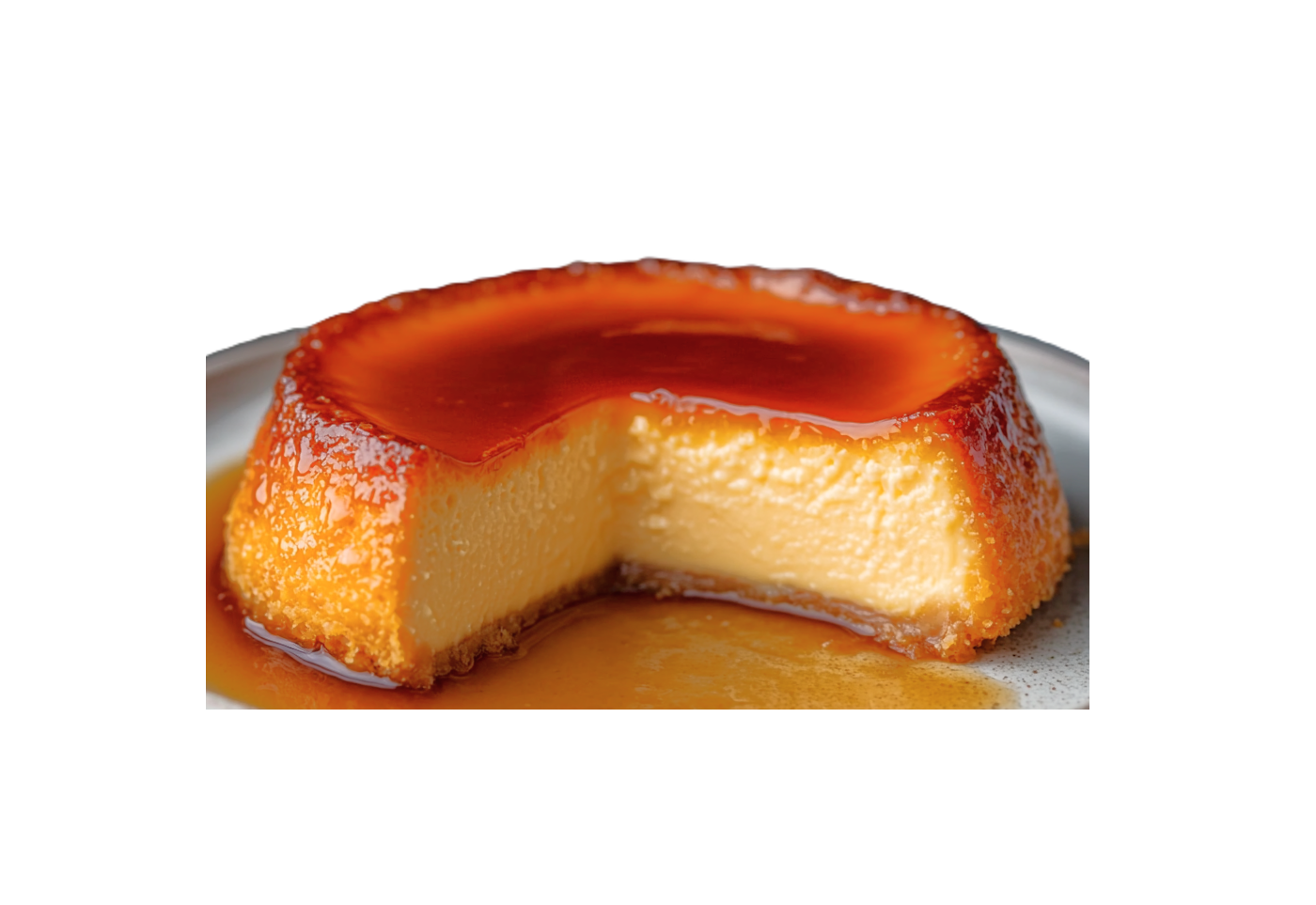 coconut cream cheese flan with a slice taken out. the caramel is dripping down the sides onto the plate.