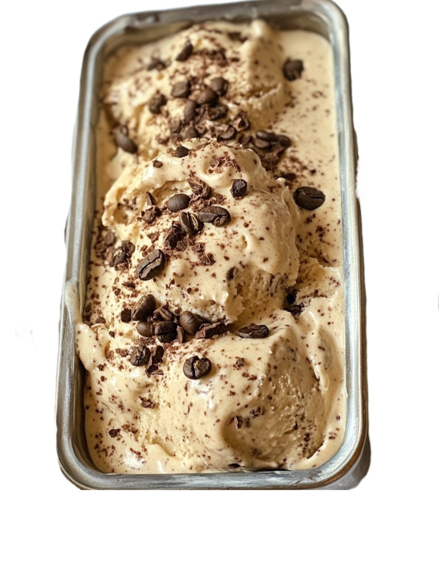 a tub of espresso coffee ice cream with coffee beans decorating the top
