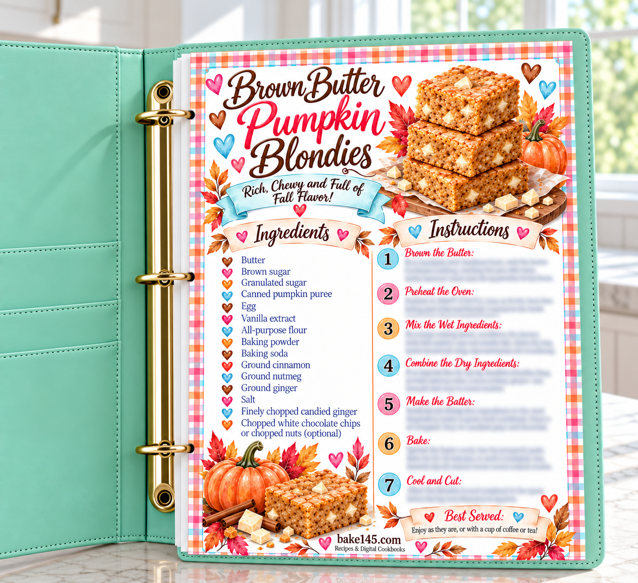 Pumpkin Blondies with Brown Butter Printable Recipe Card | Illustrated Kitchen Binder Page | Gift for Bakers PDF