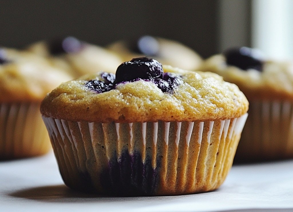 Close-up of moist blueberry muffins with golden tops and visible berries
