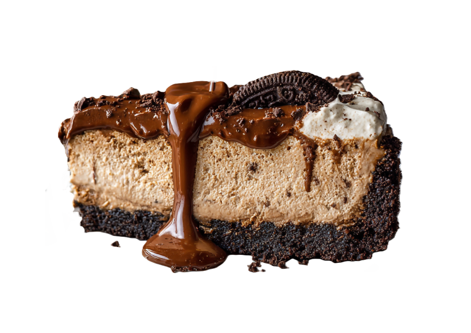 Slice of frozen Mississippi Mud Pie with ganache, whipped cream, and Oreo crust.