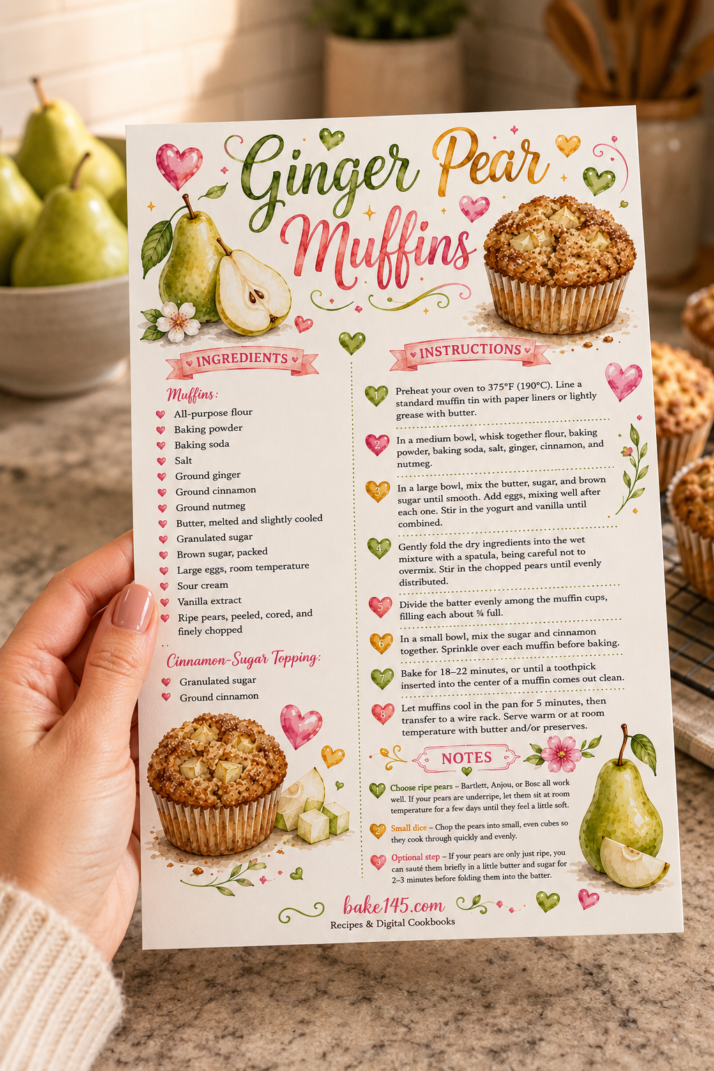 a photo of the printed ginger pear muffins recipe card