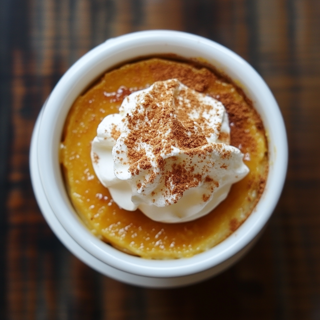 Rustic ramekins filled with pumpkin custard, surrounded by pumpkins and fall leaves.