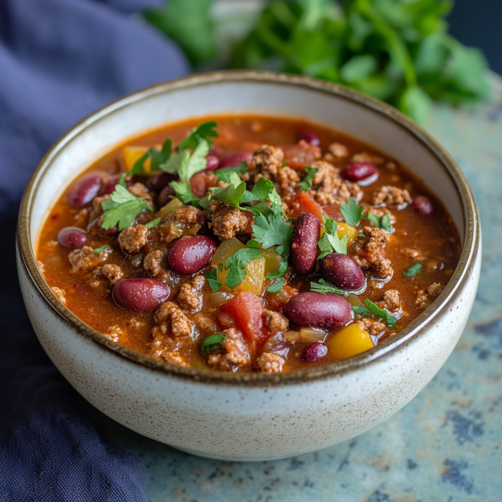 Hearty pumpkin chili with ground beef and beans in a ceramic bowl, ready to eat.
