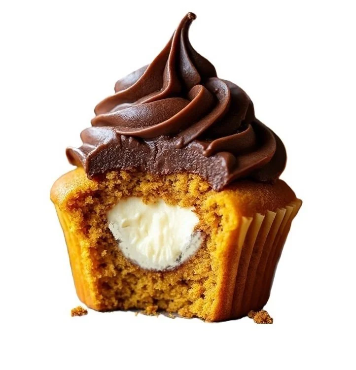 Close-up of cupcake cut in half showing cheesecake filling