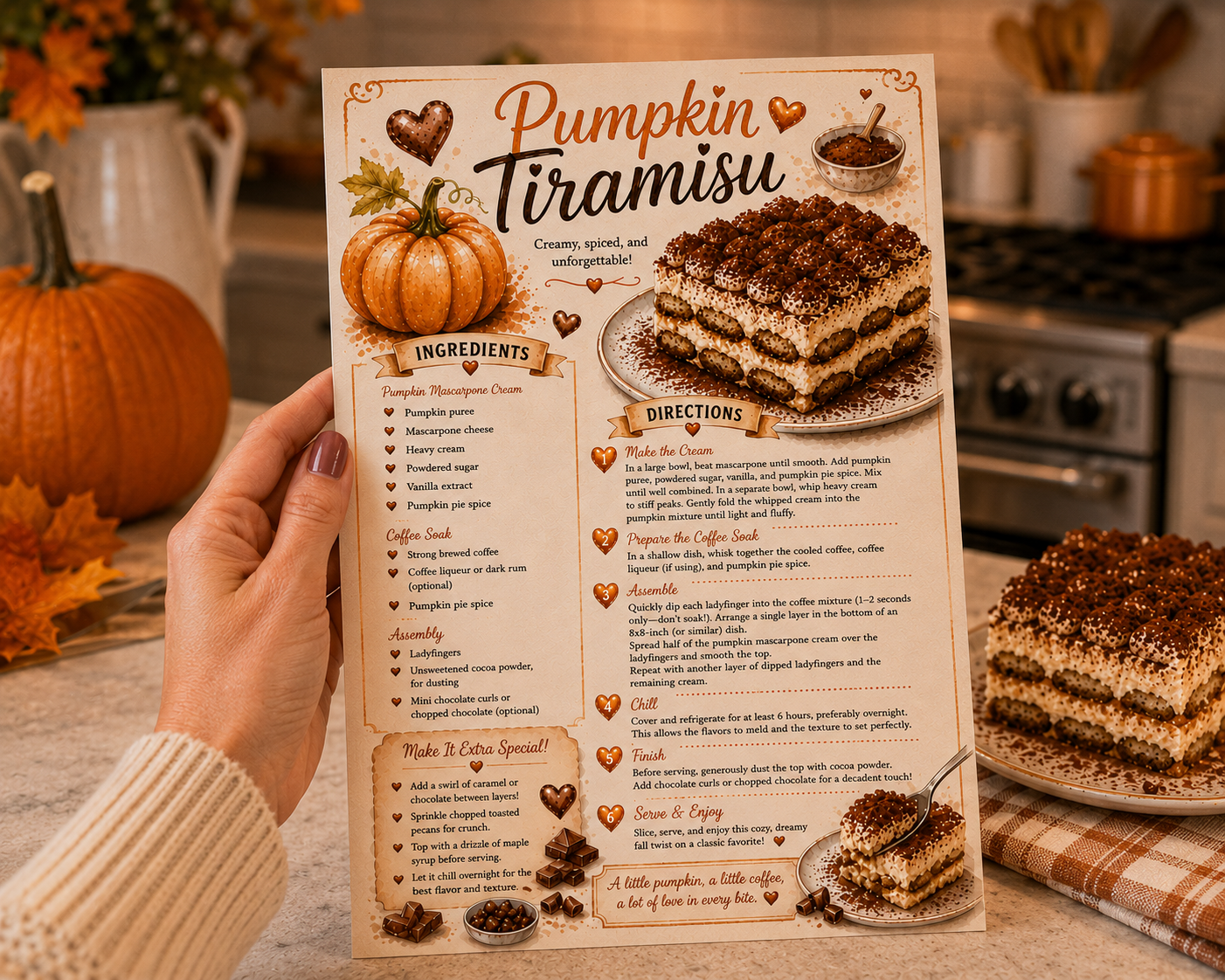 Pumpkin Tiramisu Recipe Card | Printable Art Recipe - PDF Digital Download