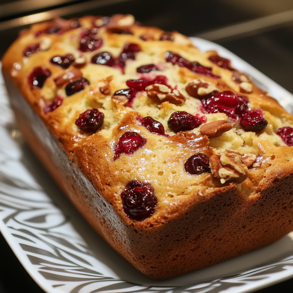 A moist loaf of cranberry orange bread, sliced and displayed on a rustic wooden board.