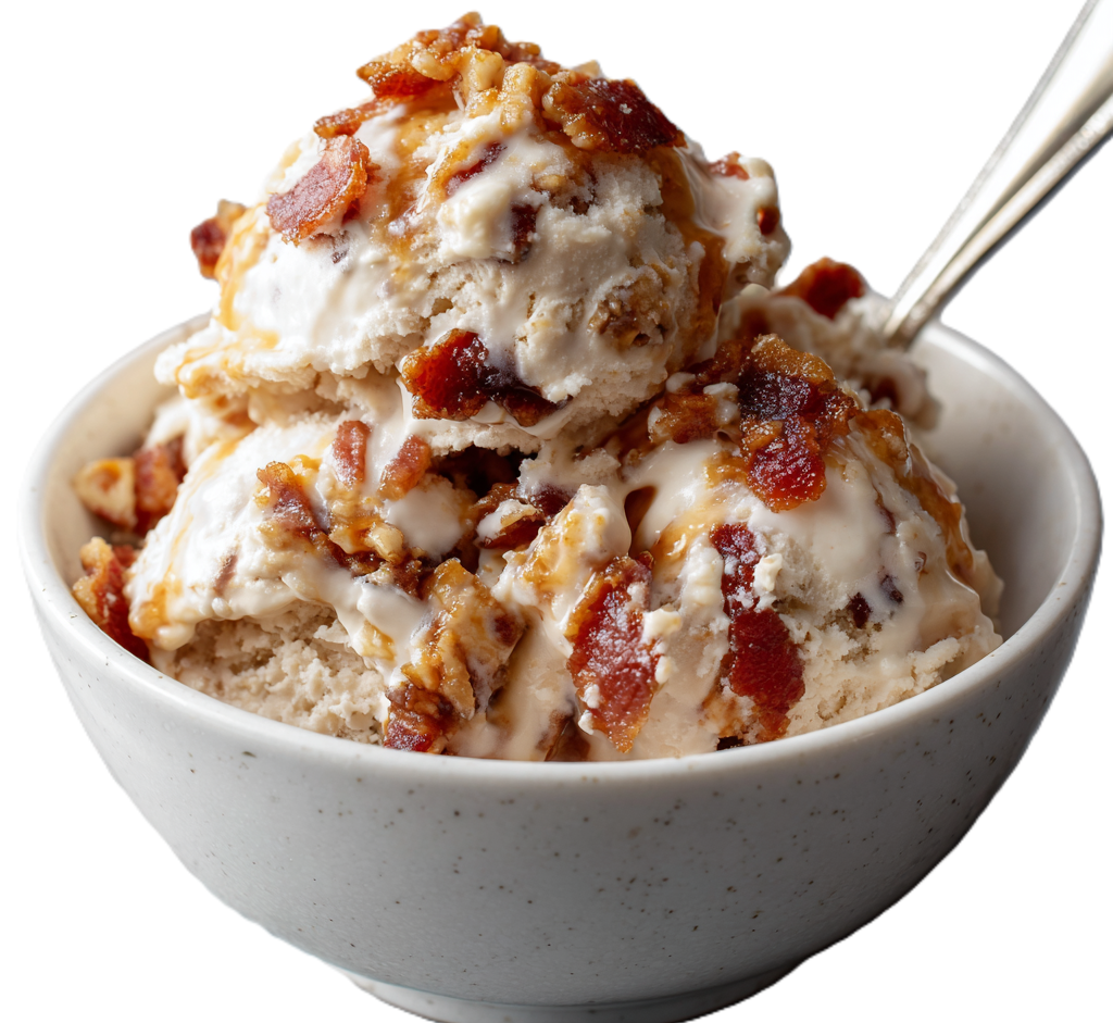 a bowl of maple bacon ice cream with diced bacon on top