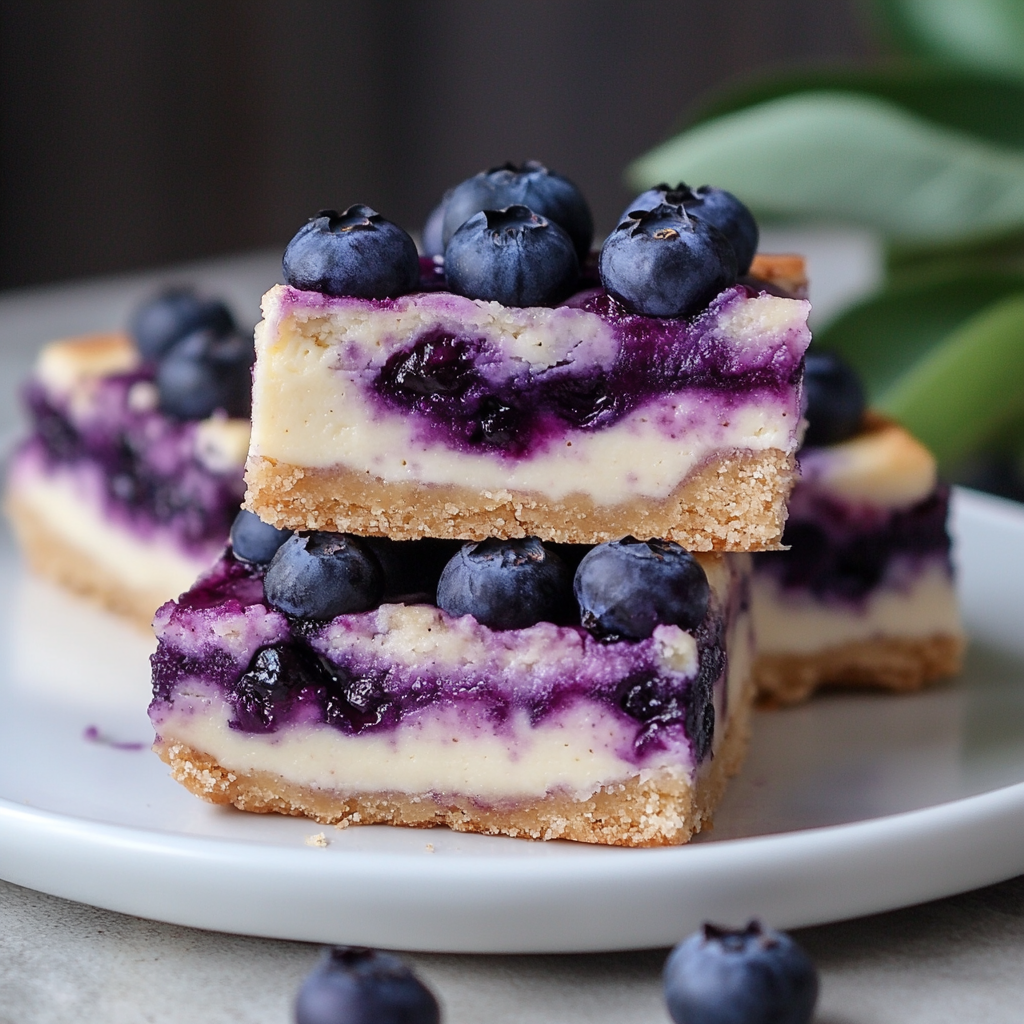 creamy blueberry cheesecake bars with cookie crumb crust