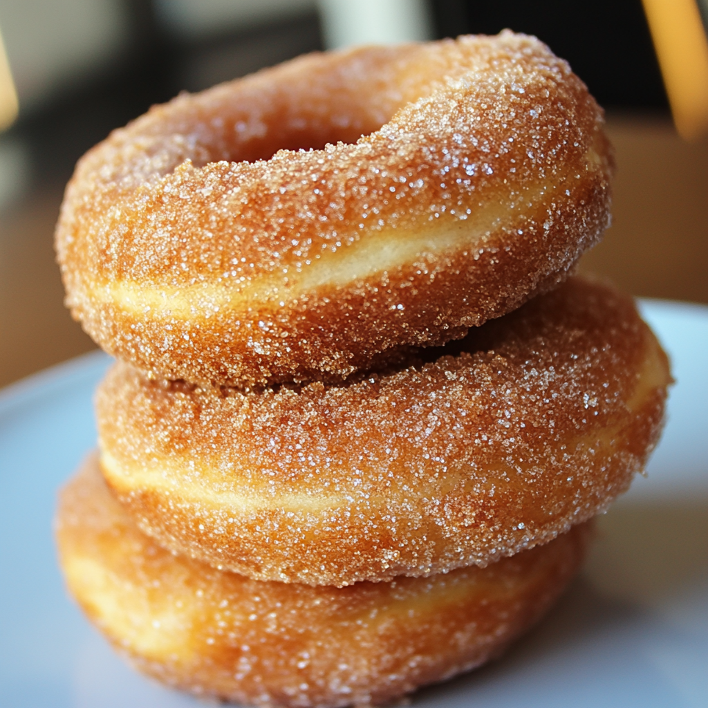 Close-up of apple cider yeast donuts coated in cinnamon sugar, stacked on a plate