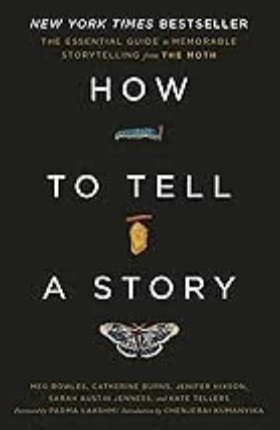 Book cover titled 'How to Tell a Story' with illustrations of a fish, a pineapple, and a moth on a black background.