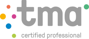 TMA logo met gekleurde stippen en begeleidende tekst 'certified professional'