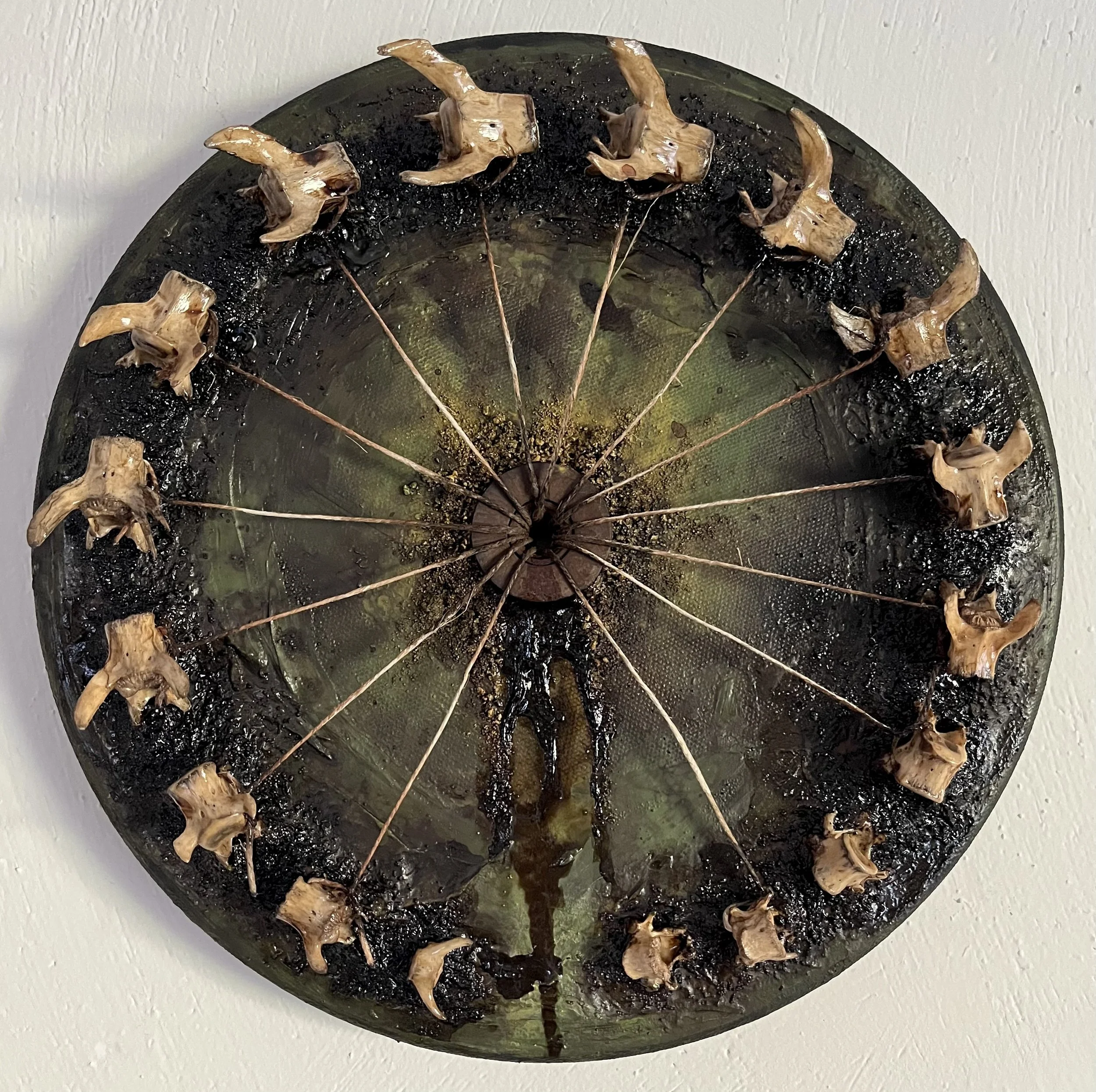 Victoria DeSanctis, "Myrr." Acrylic paint, various acrylic mediums, ethically sourced bones, found objects, and twine on canvas. $376