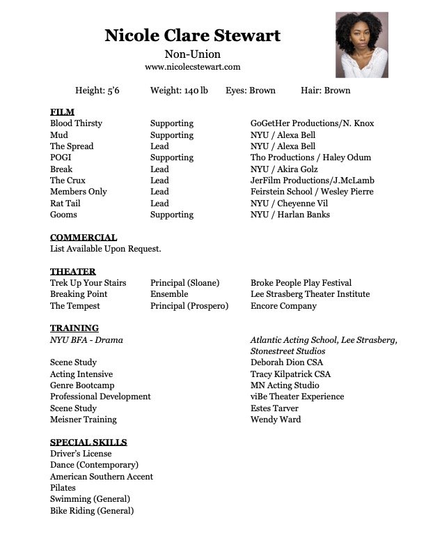 Acting resume for Nicole Stewart, includes contact info, height, weight, eye and hair color. Lists film roles, commercial experience, theater performances, training, and special skills.
