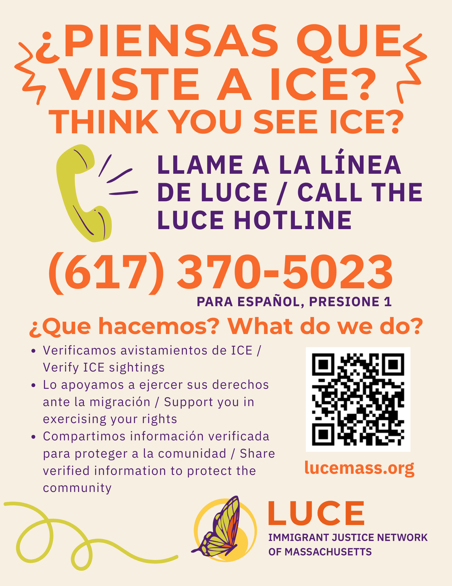 A Spanish / English flyer that has the hotline number on it: 617-370-5023