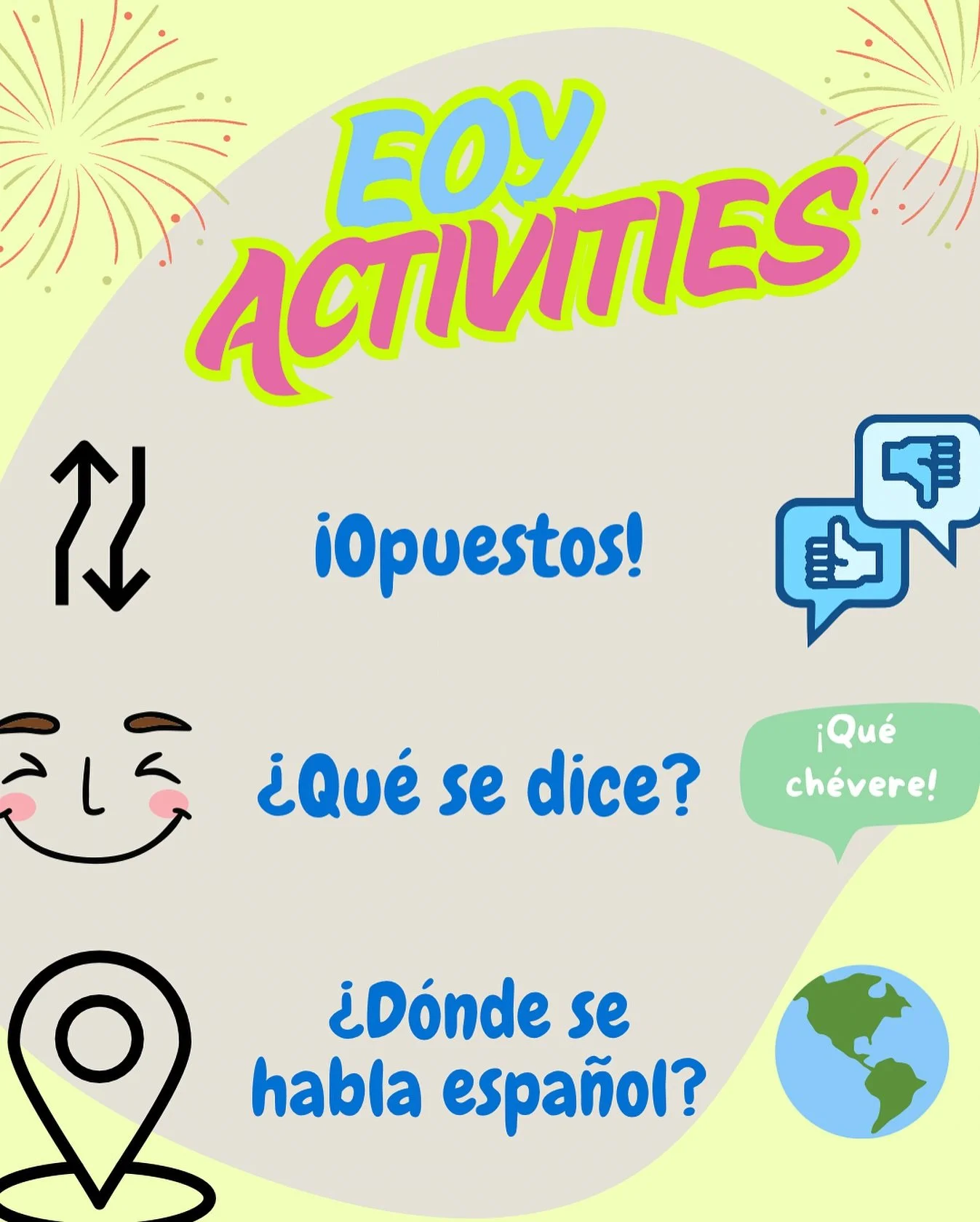 🎯EOY activities for the Elementary WL Classroom! 🌎 🏫 🤓 Resources can be made using Gimkit, Quizziz, Kahoot or Google slides. 

💡 Play &iexcl;Opuestos!: Have your class say the opposite of what you say. 👆🏽 👇  e.g arriba - abajo, r&aacute;pido 