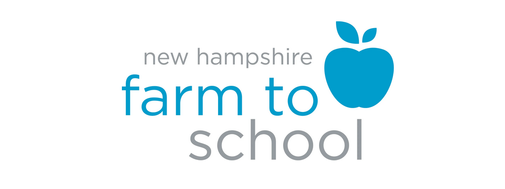 Logo for 'Farm to School' in New Hampshire featuring a blue apple icon.