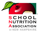 Logo of the School Nutrition Association of New Hampshire featuring a red apple with a green leaf and text.
