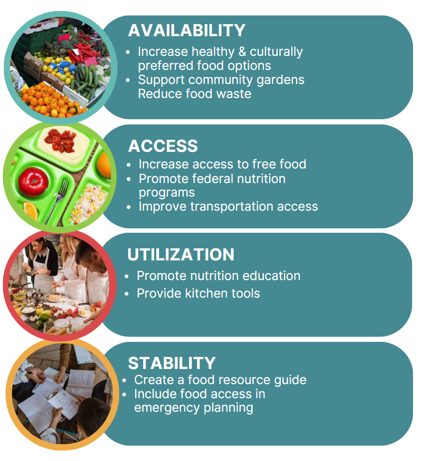 image describes the four parts of the MDC strategies, availability, access, utilization, and stability.