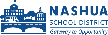 Nashua School District logo with a cityscape and bridge illustration