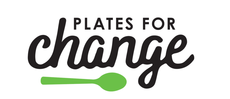 Graphic with the phrase 'Plates for Change' and a green spoon illustration.