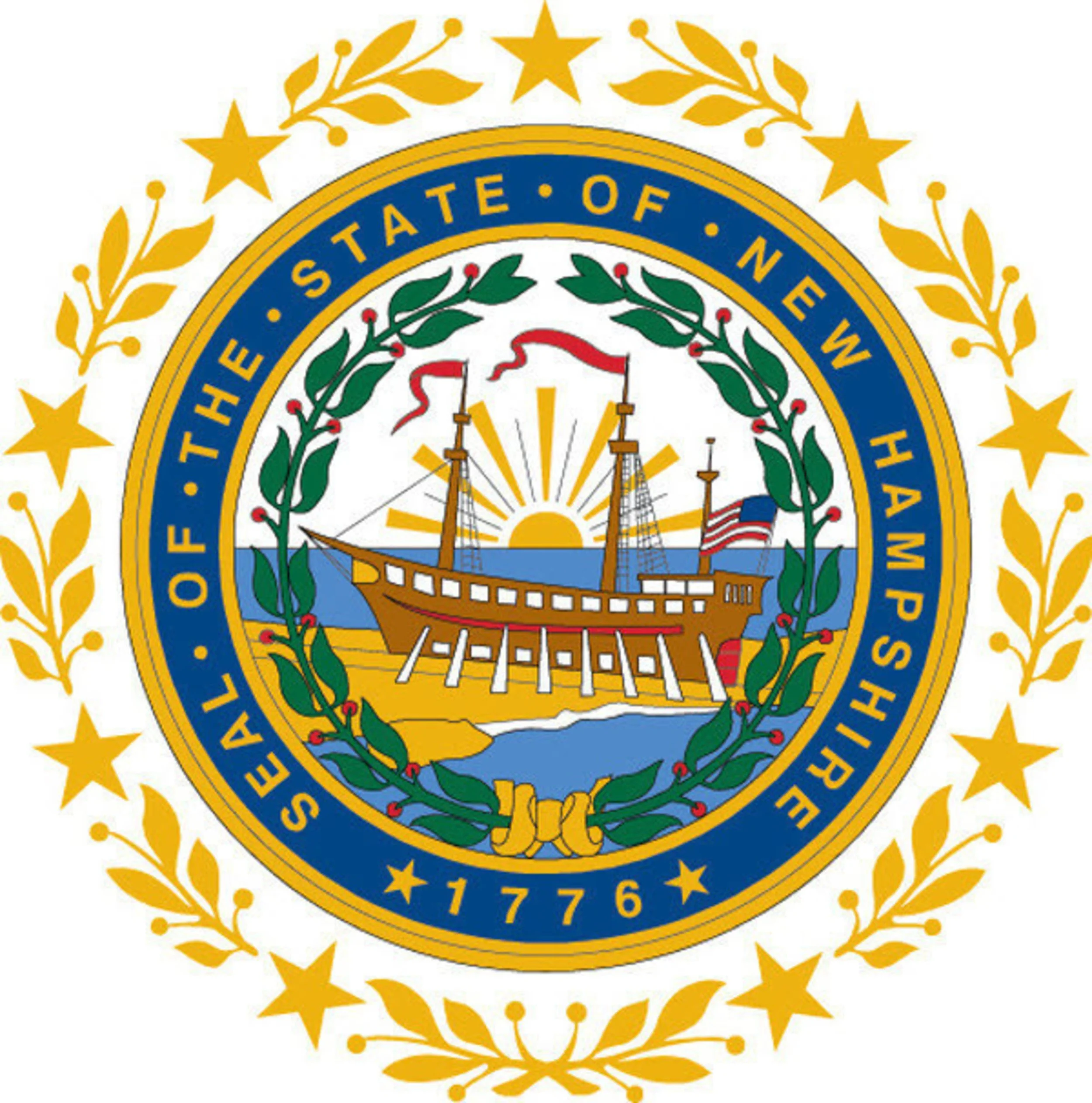 Seal of the State of New Hampshire featuring a ship, sunrise, green laurel branches, and a yellow ribbon, with text around the border.
