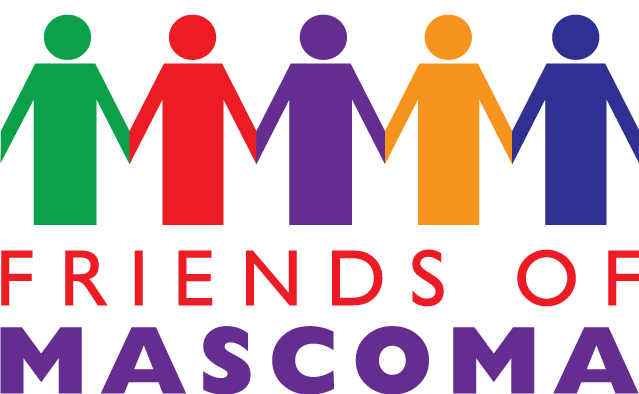 Illustration of six colorful, stylized figures holding hands above the text 'FRIENDS OF MASCOMA' in red and purple letters.