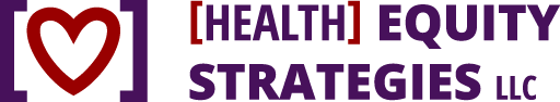 Logo for Health Equity Strategies LLC, featuring a red heart within brackets and the company name in purple text.