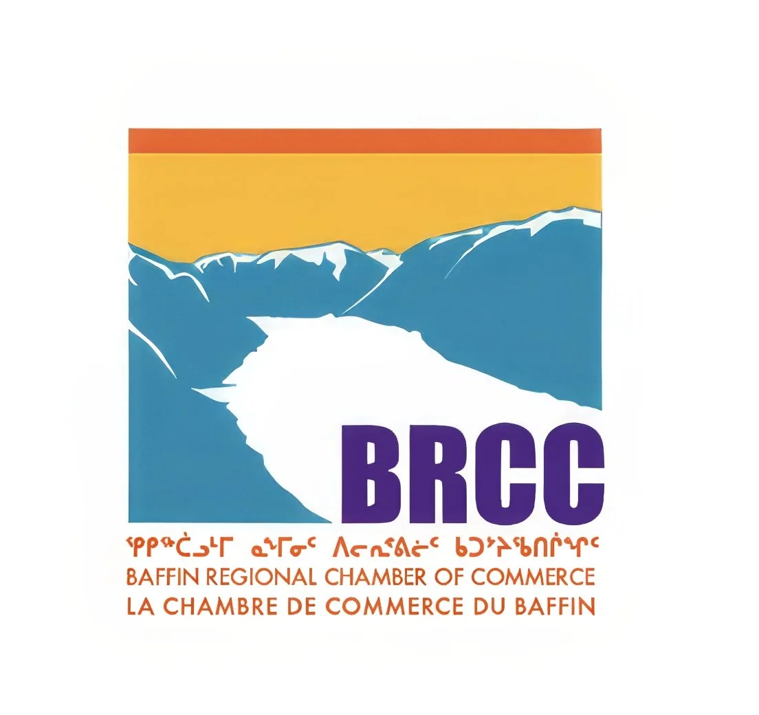 Logo of the Baffin Regional Chamber of Commerce featuring stylized mountains, a water body, and text in English, French, and an indigenous script.