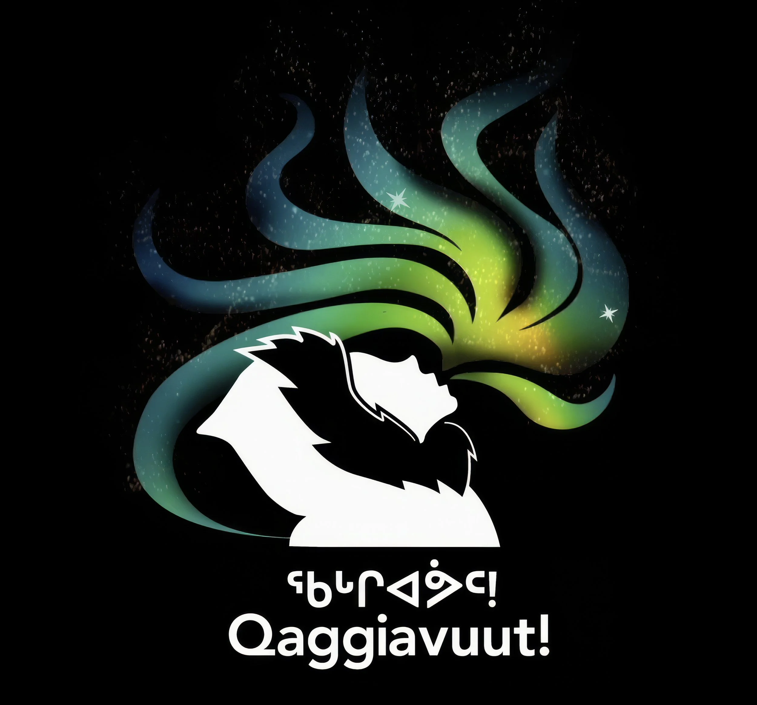 Qaggiavut logo featuring A graphic illustration of a person in a fur hooded jacket, surrounded by colorful, swirling aurora borealis against a black background.