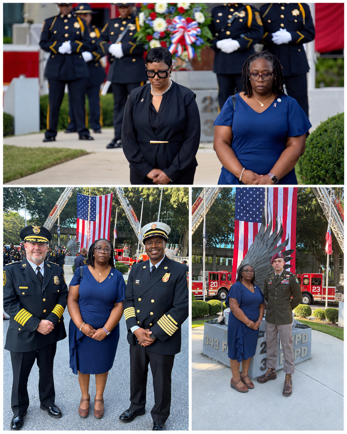 Collage from DeKalb’s 9/11 Remembrance Ceremony with Commissioner Chakira Johnson, County leaders, honor guards and memorial displays.