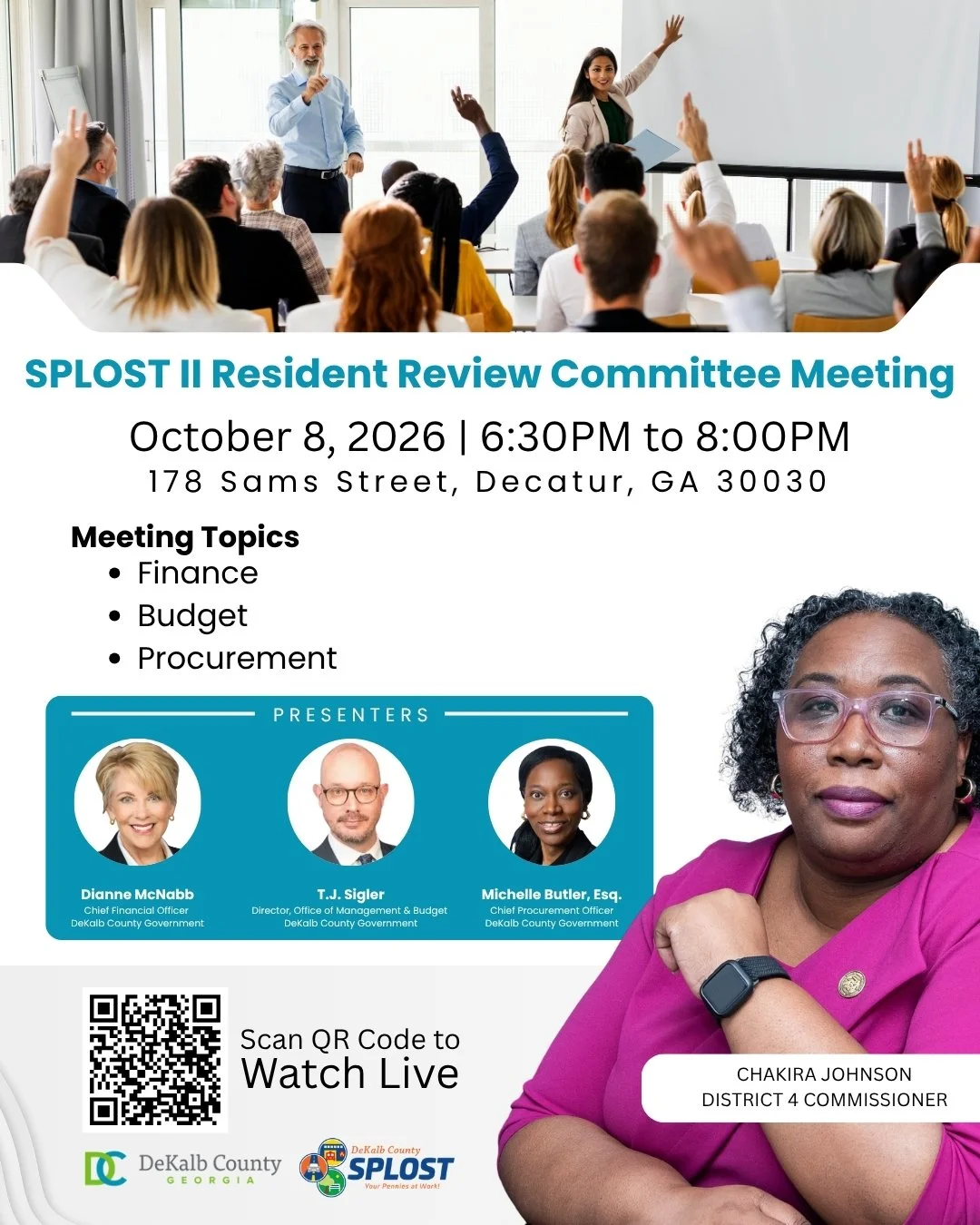 SPLOST II Resident Review Committee flyer for Oct. 8, 2026, covering finance, budget and procurement, with Commissioner Chakira Johnson.