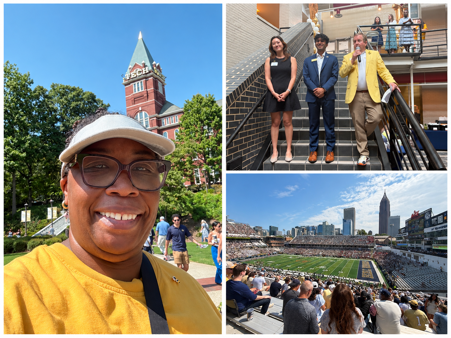 Georgia Tech Government Leaders Day collage with Commissioner Chakira Johnson, event speakers and Bobby Dodd Stadium.