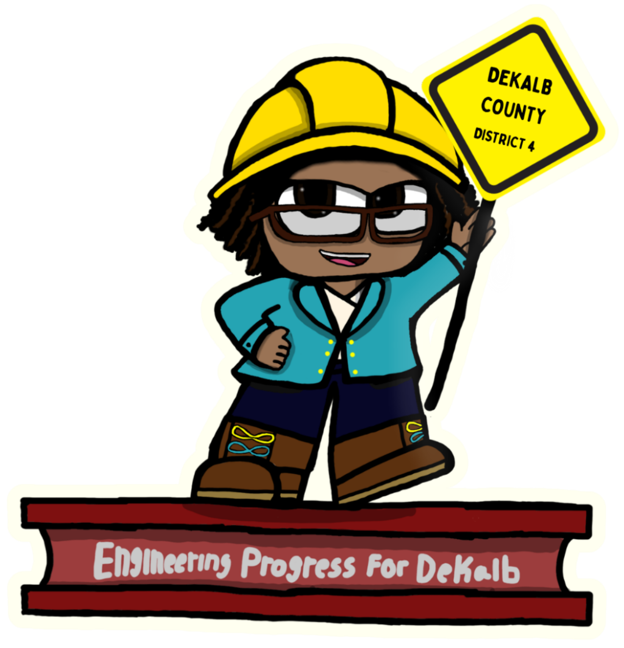 Illustrated version of Commissioner Chakira Johnson wearing a yellow hard hat and holding a “DeKalb County District 4” sign while standing on a beam that reads, “Engineering Progress for DeKalb.”