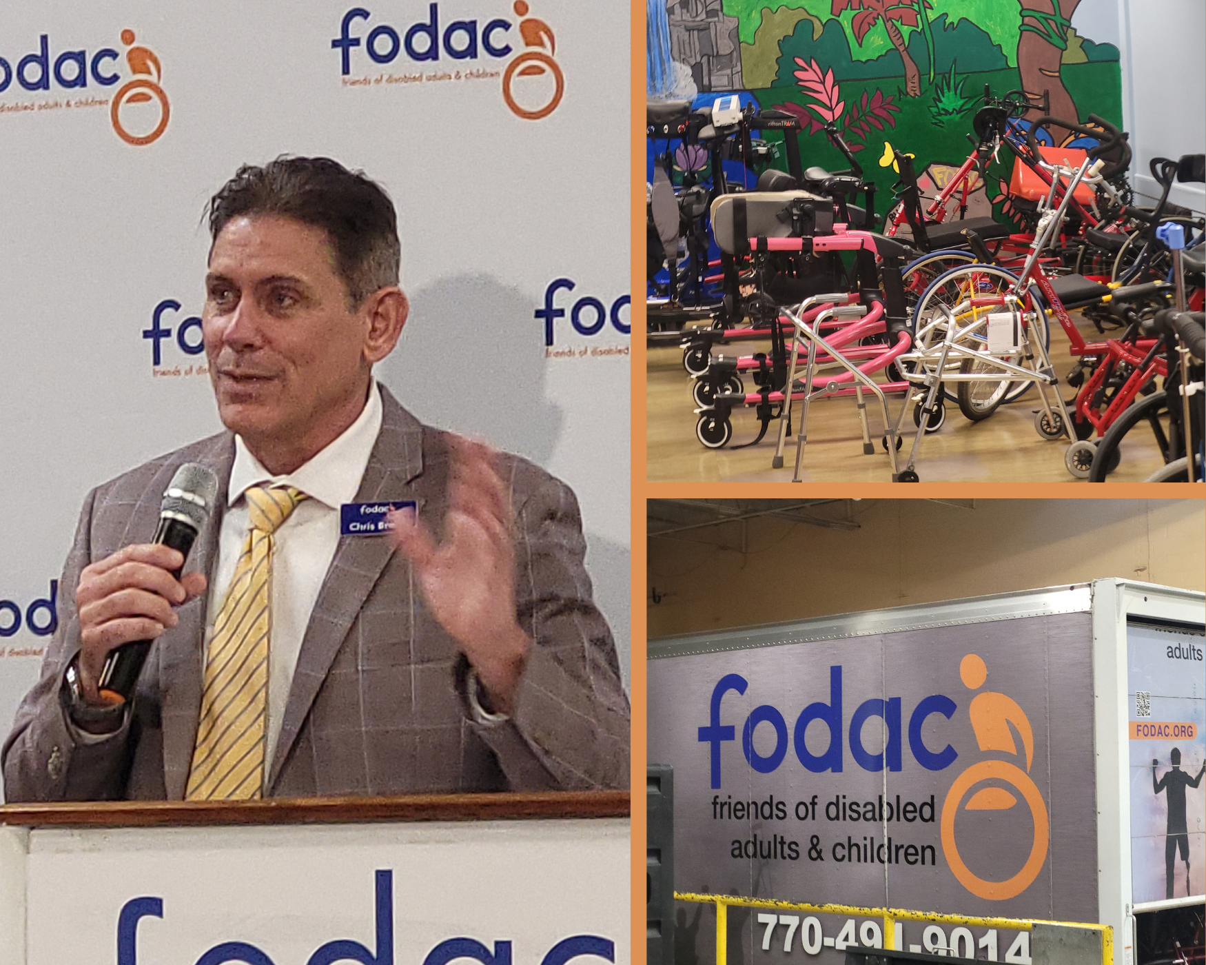 FODAC 40th anniversary collage with President/CEO Chris Brand, mobility equipment and a FODAC truck.